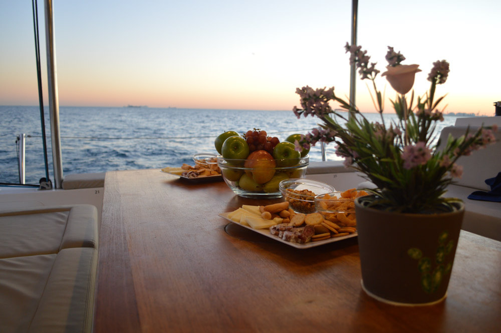 A table in the stern of the catamaran for catering and drinks