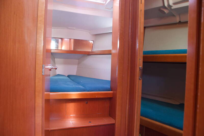 Front cabin and bunk beds of the sailing boat Beneteau Oceanis 43