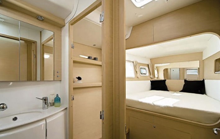 Cabin and bathroom of the catamaran