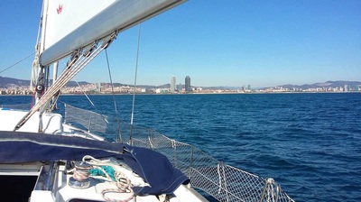 Perspective of the Barcelona coastline from the sailboat
