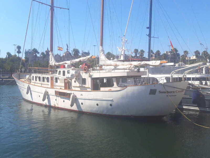 The classic boat in its mooring in Barcelona