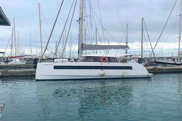 The catamaran moored in Barcelona